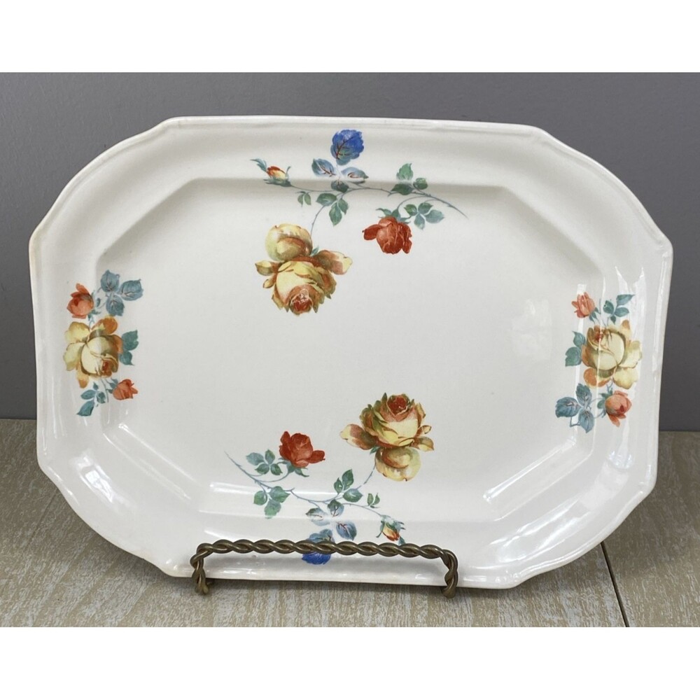 VTG Taylor Smith & Taylor Paramount Ivory Platter Orange Blue Flowers 13"x10"